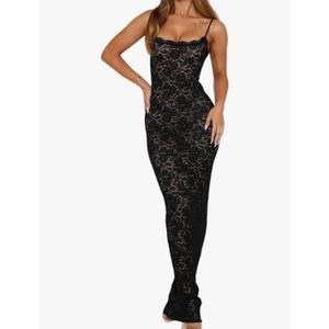 Lingt Chic Women's Lace Maxi Dress Spaghetti Strap Slim Fit Sleeveless Gown with Lace Bust for Evening & Party, M