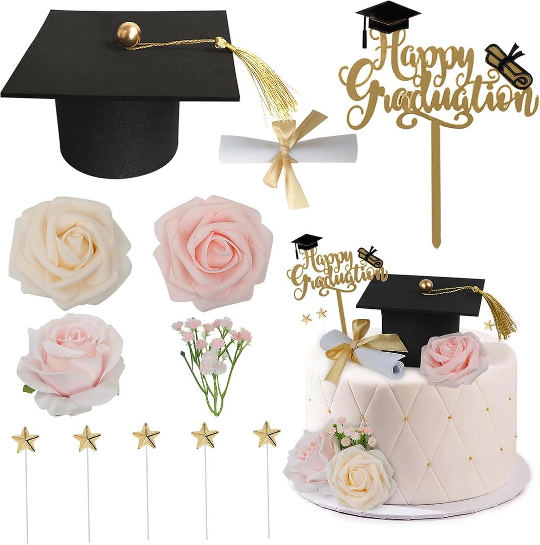 Graduation Cake Toppers - Graduations Cap Diploma Flowers Congrats Grad Cake Decorations for 2025 High School College Senior Girl Women Graduation Supplies
