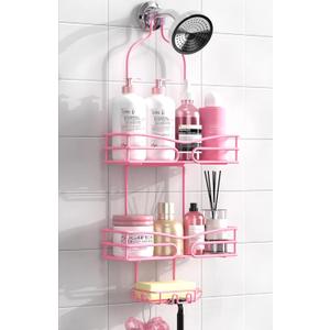 Pink 3-Tier Over Head Shower Caddy with Soap Holder & 6 Hooks - Hanging Shower Caddy for Bathroom Organizer (Style 1)