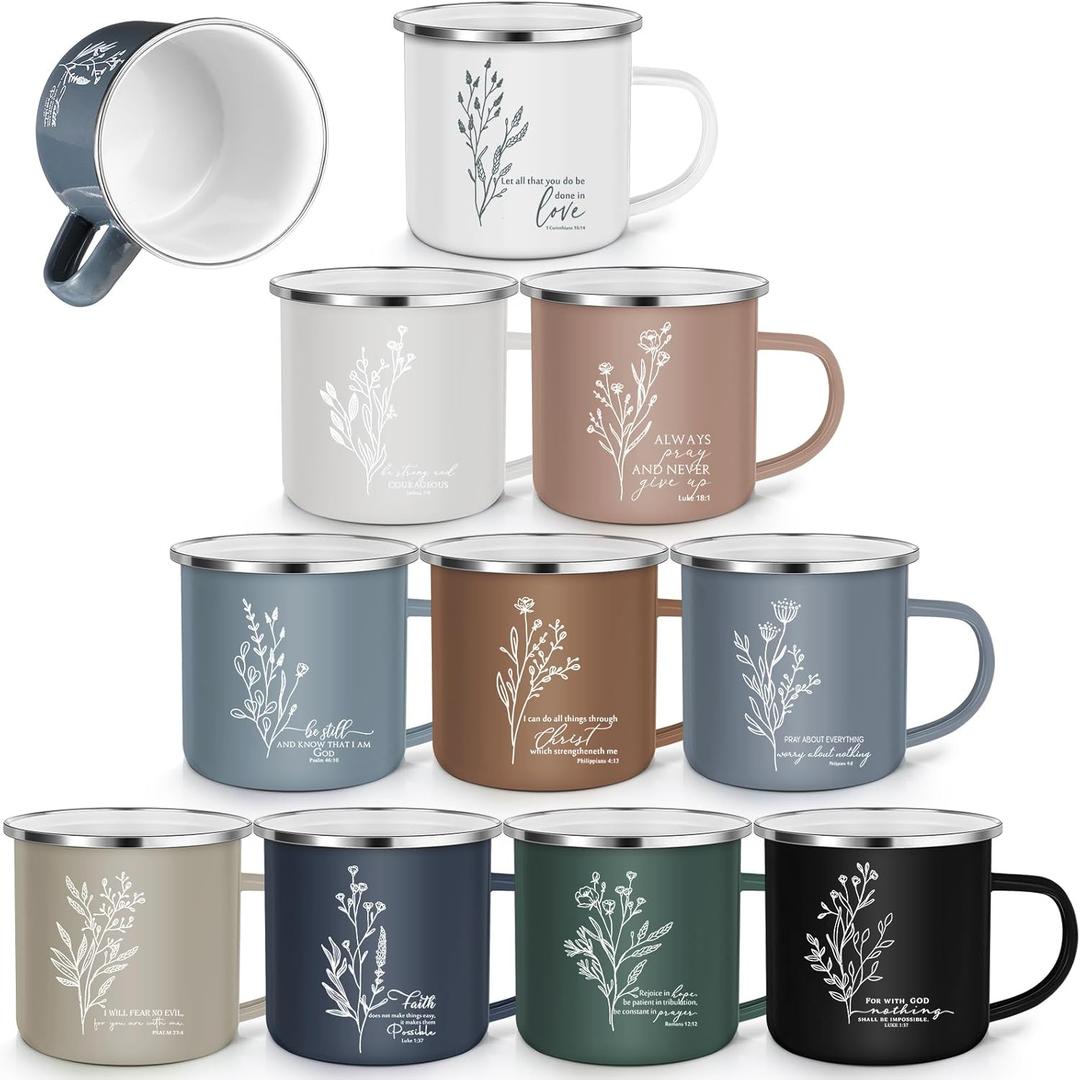10Pcs Christian Gifts Bulk Christian Coffee Mugs 12 OZ Bible Verse Enamel Cups Appreciation Gift for Women Men Coworker Staff Teachers Nurse Social Worker Volunteer Easter Sunday School Church
