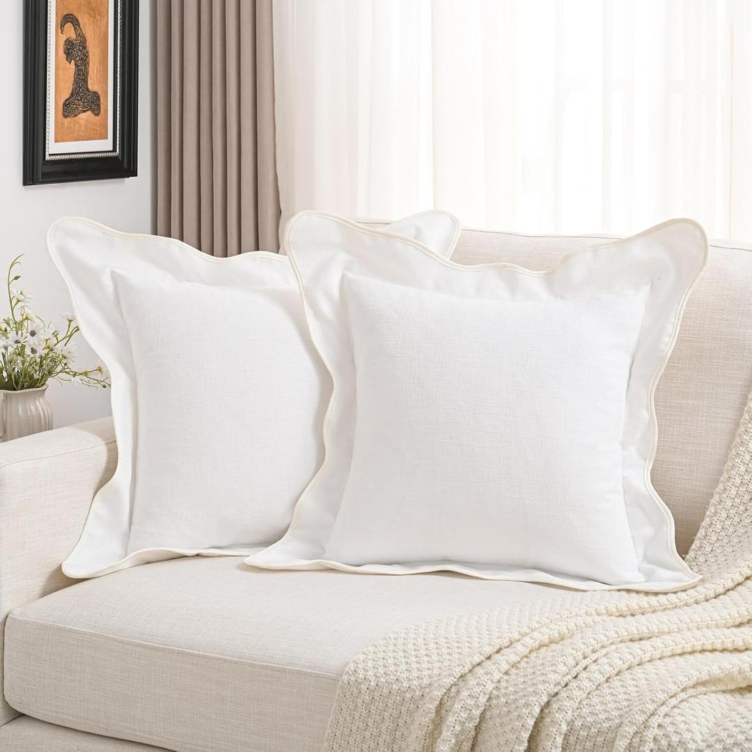 FUTEI Pack of 2 Solid Scalloped Bordered Throw Pillow Covers 22x22 Inch Soft Chenille Decorative Cushion Cases Farmhouse Accent for Couch Bed Living Room, White