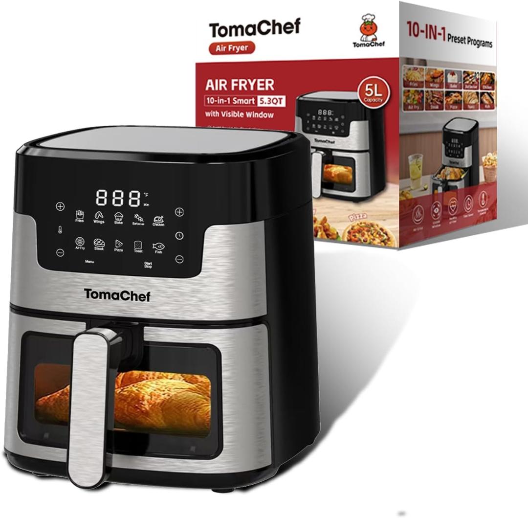 TomaChef Air Fryer 10-in-1, 5.3QT Compact Oil Free Cooker with Visible Window, Healthy Cooking, Digital Control for Family, Mothers Day Gifts for Mom, Fries, Fish, Bake, Cake, DIYBlack, Medium