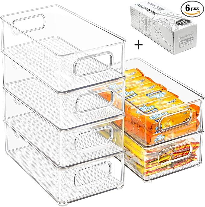Stackable Refrigerator Organizer Bins, 6 Pack Clear Kitchen Organizer Container Bins with Handles and 20 PCS Plastic Bags for Pantry, Cabinets, Shelves, Drawer, Freezer  Food Safe, BPA Free 10"L