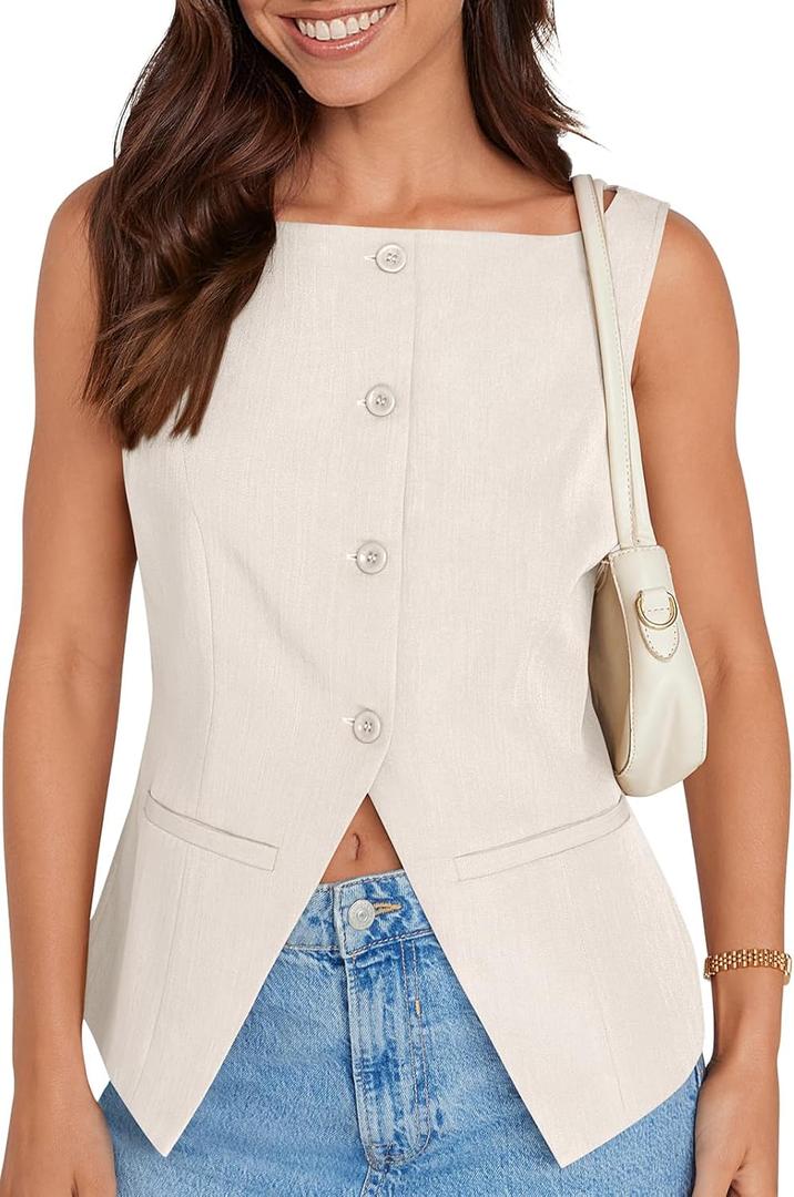 UEU Womens Vest Top 4 Button Sleeveless Boat Neck Fully Lined 2025 Trendy Dressy Business Work Blazer Suit Waistcoat (Large, White)