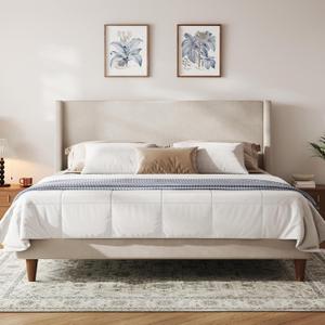 Merax Solid Wood King Size Velvet Bed Frame with Wingback Headboard, Modern Upholstered Platform with Walnut Wooden Legs, Strong Wooden Slats, No Box Spring Needed, Beige