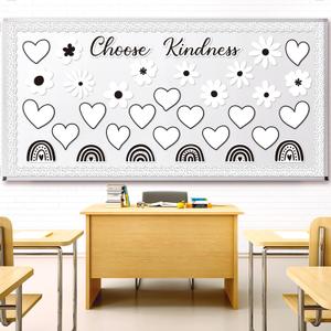130Pcs Back to School Choose Kindness Bulletin Board Decorations, Black White Flower Boho Rainbow Cutouts Border Trims Name Tags School Positive Classroom Chalkboard Supplies Wall Door Decor