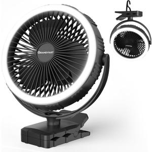 Rechargeable Camping Fan, Battery Operated with Timer, Powerful Airflow Portable Fan, Strong Clip with Light & Hook for Camping Outdoor Travel BBQ Hurricane Power Outage
