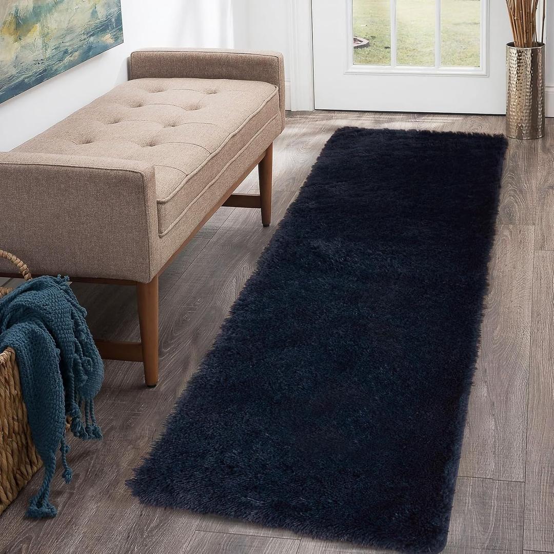 CAROMIO Runner Rug for Bedroom Living Room 2x6 Feet, Shag Fluffy Area Rugs Soft Plush Carpet Thick Long Fur Rug for Hallway Beside Kids Nursery Room Home Decor Mats, Dark Navy
