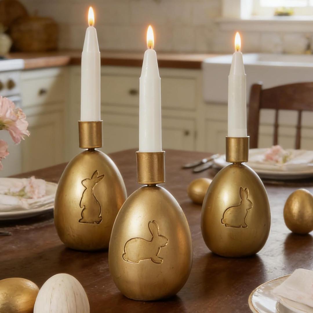 DN DECONATION Easter Candle Holders Set, 3PCS Gold Egg Candle Stick Holders Easter Decorations for Taper Candles Sticks, Resin & Metal Candlestick Holder Farmhouse Table Mantel Vintage Egg Decor