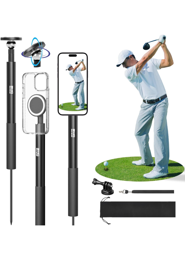 Golf Monopod Stick, Golf Swing Phone Holder, 46" Magnetic Aluminum Alloy Selfie Stick w/Spike Stake Mount, Compatible w/iPhone Camera Magsafe, Adjustable Heigh Tripod, Golf Training Aid