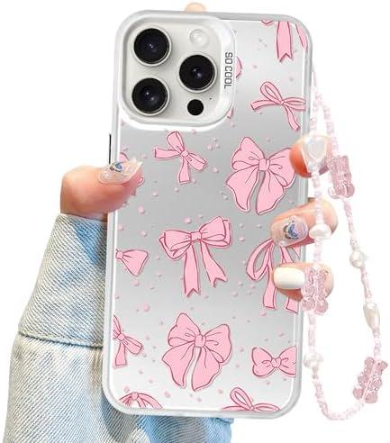 5 Pcs Jusy Coquette Bowknot Phone Case for iPhone 12 Pro Max, Cute Pink Ribbon Bow Aesthetic Case for Women Girls with Bracelet Chain - 2020 Pink
