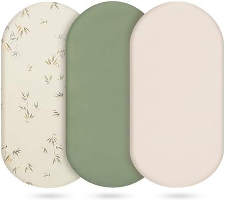 Muslin Bassinet Sheets 3 Pack, Cotton Bassinet Sheets for Baby Girl and Boy, Breathable Bedside Sleeper Bassinet Fitted Sheet, Universal Rectangle & Oval Bassinet Cover, 28x14 to 33x18, Green
