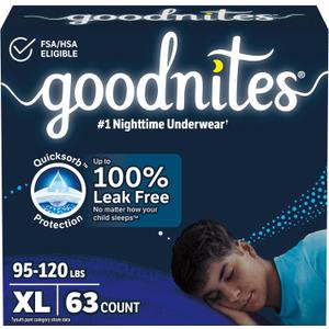 Goodnites Boys' Nighttime Bedwetting Underwear, Size Extra Large (95-120 lbs), 63 Ct (3 Packs of 21), Packaging May Vary