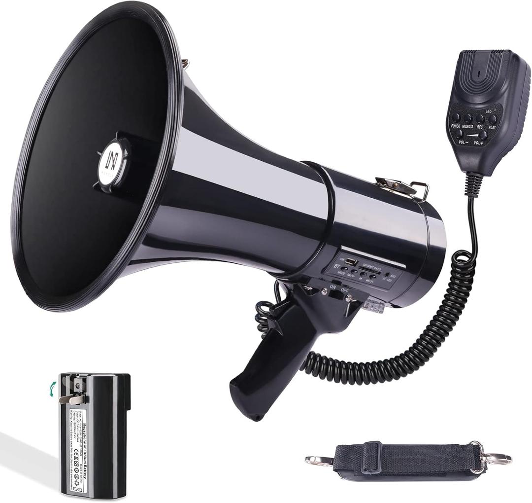 50 Watt Professional Bluetooth Megaphone Bullhorn Speaker with Rechargeable Battery & Portable Strap - Siren and Recording - USB/SD/AUX Input - for Police, Cheerleading, Outdoor (Black)