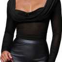 Milumia Women's Draped Long Sleeve Sheer Mesh Top Cowl Neck Ruched Fitted Going Out Tops Night Out Outfits (Black) S