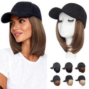 S-noilite Hat Wig for Women, Black Baseball Cap Wig with Short BOB Hair Attached Synthetic Hair Extensions Adjustable, Light Brown Highlighted Blonde