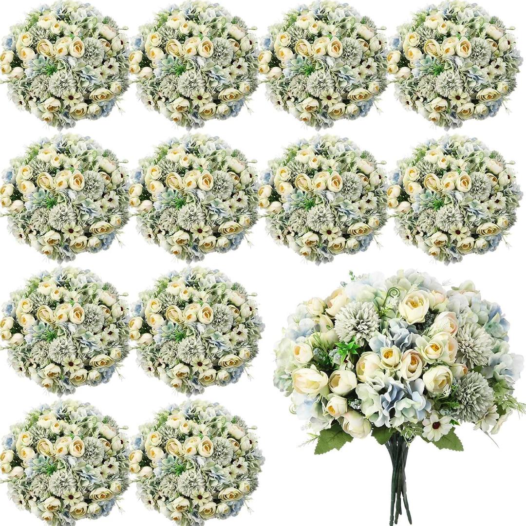 Tigeen 12 Bundles Peonies Artificial Flowers Faux Roses Silk Flowers Hydrangea Artificial Bouquet for Wedding Table Centerpiece Floral Vase Home Office Bridal Decor (Green)