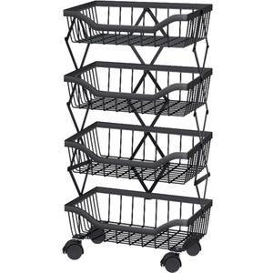 Fruit Basket for Kitchen 4 Tier Stackable Fruit Vegetable Storage Baskets with Wheels Metal Wire Storage Basket Organizer Cart for Kitchen Livingroom Diningroom Office, Black