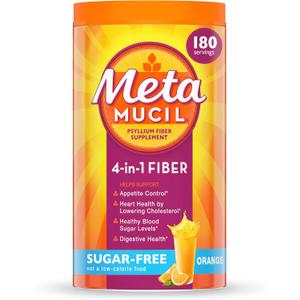 Metamucil, Daily Psyllium Husk Powder Supplement, Sugar-Free Powder, 4-in-1 Fiber for Digestive Health, Orange Flavored Drink, 180 teaspoons