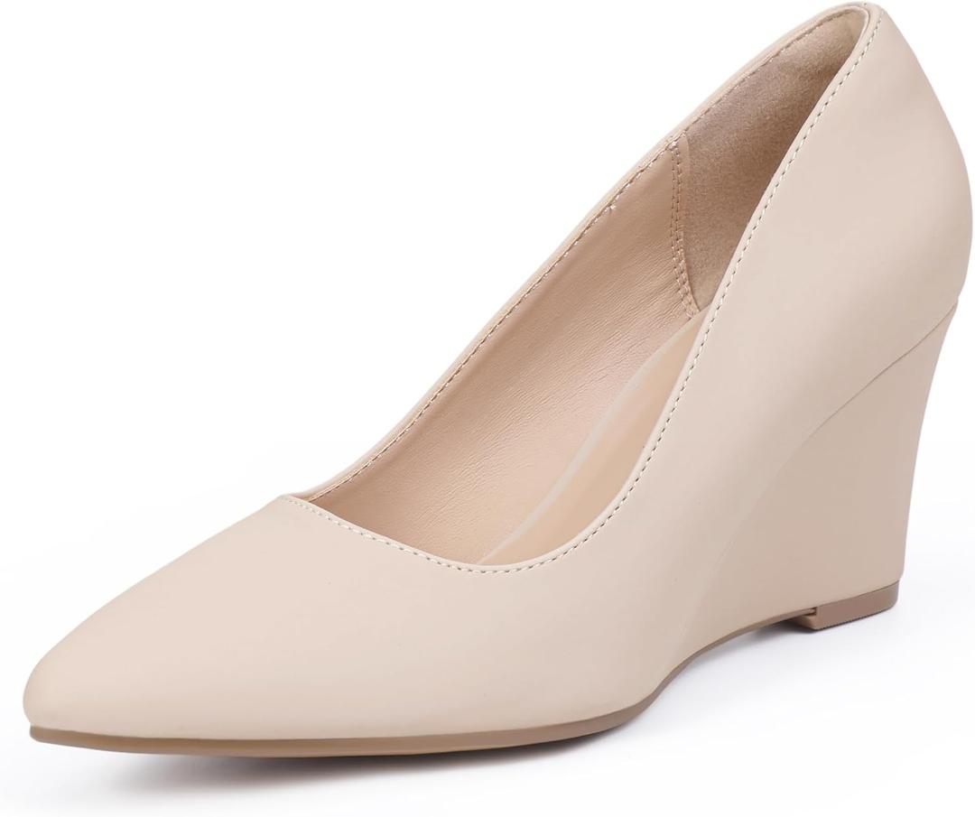 IDIFU IN3 Wedges for Women Closed Toe Pumps Low Heel Pointed Toe Work Wedding Bridal Office Formal Business Dress Casual Dressy Comfortable Trendy Fashion Shoes 7.5