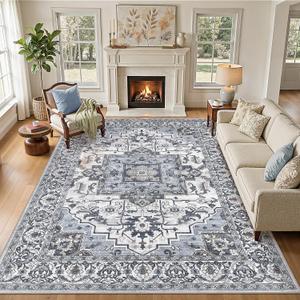 Washable 8x10 Area Rug, Vintage Rugs for Living Room, Blue/Grey | Non-Slip, Stain Resistant, Soft Low Pile Carpet for Bedroom, Dining Room, Nursery, Office, Kid & Pet Friendly Home Decor