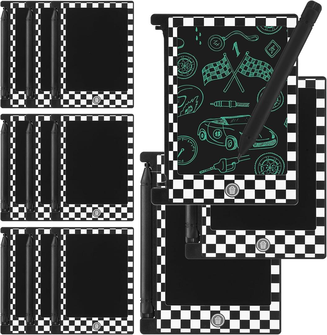 Nezyo 12 Pack Race Car Party Favors, Mini LCD Writing Tablet for Kids, 4.6 Inch Race Car Checked Board Drawing Tablet Erasable Reusable Electronic Drawing Pads for Racing Birthday Supplies