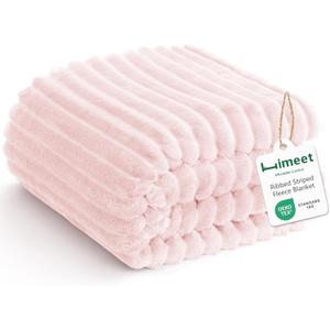 Pink Ribbed King Size Blanket for Bed - 300GSM Lightweight Fleece Blanket for Men Women, Large Cozy Sofa Couch Bed Blankets Gifts, Striped Spring Home Room Decor, Pink, 108x90 Inches