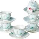 Porcelain Demitasse Cup Set of 6 (12-Piece) - 2.5oz Artisan Embossed Floral Cups and Saucers with Gold Trim for Turkish Coffee, Gift