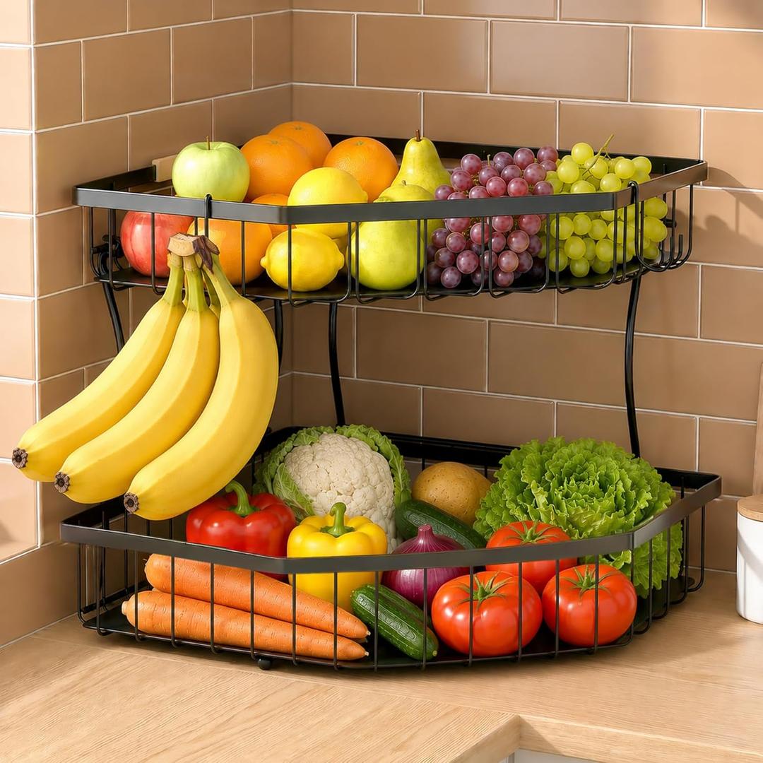 Tequie 2 Tier Fruit Basket for Kitchen Counter  Detachable Metal Fruit Bowl with 2 Banana Hangers for Corner , Large Capacity Fruit Stand with Wooden Handle for Bread Fruit and Vegetable Storage
