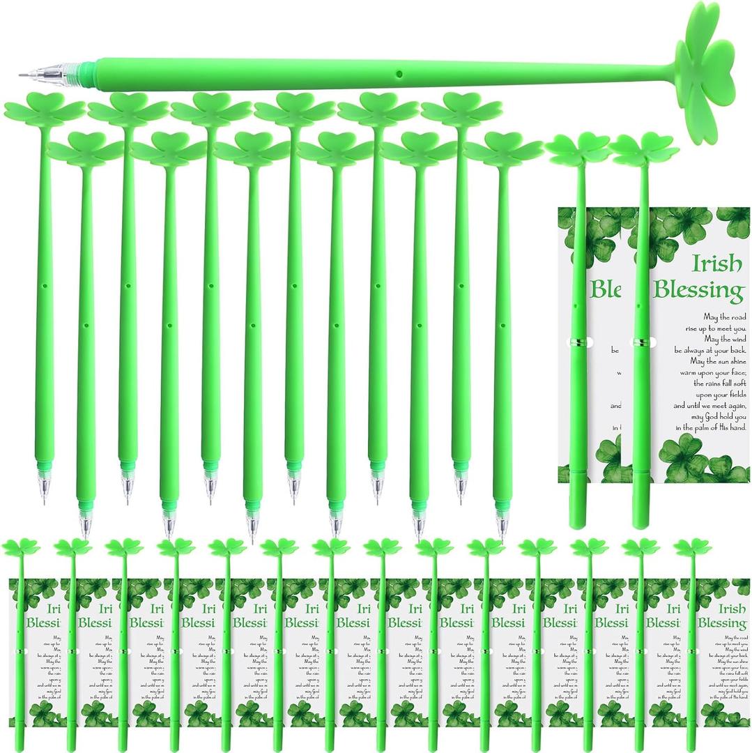 25 Set St Patrick's Day Gifts for Employee Green Four Leaf Clover Gel Pen Shamrock Ballpoint Pens Irish Blessing Prayer Cards and Twist for Women Staff Teacher Coworker School