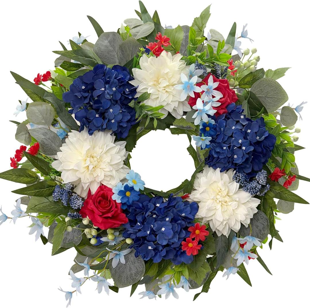 HipTree 24 Inch Patriotic Wreath for Front Door,4th of July Wreaths with Red White Blue Silk Spring Hydrangeas&Dahlias Florals for Labor Day, Memorial Day,Independence Day,Summer Decorations