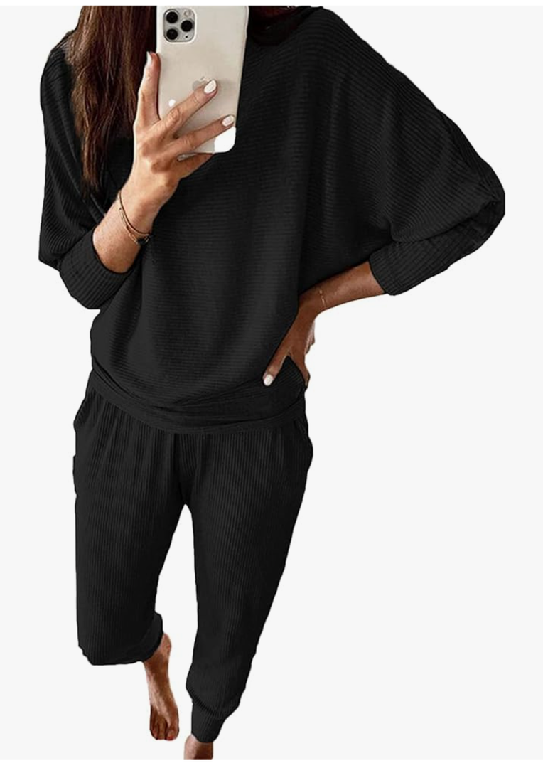 PRETTYGARDEN Women's Spring Fall Fashion Outfits 2 Piece Sweatsuit Long Sleeve Pullover Long Pants Ribbed Matching Lounge Set Size XXL Black