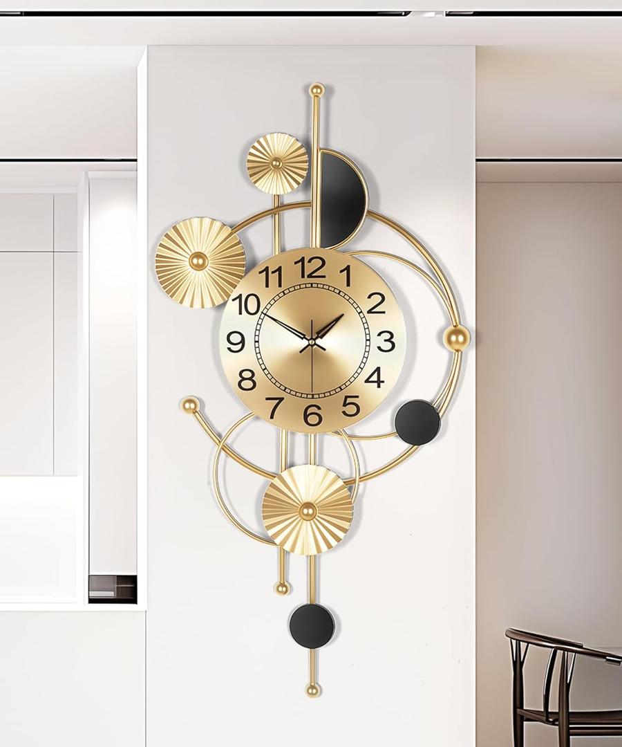 Large Wall Clock,Modern Silent Non-Ticking Metal Wall Clocks,Battery Operated Wall Clock for Living Room, Kitchen, Bedroom, or Office Wall Decor (32") (Gold)