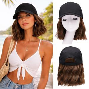 Hat Wigs for Women Baseball Cap with Hair Extensions Short Wave Synthetic baseball Cap Wig for Women Adjustable Hat with Hair Attached for Daily Use(14inch)