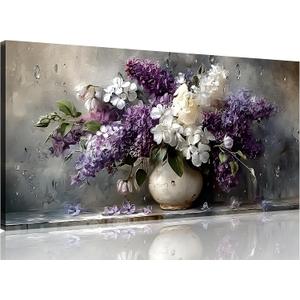 TutuBeer 1 Panel Purple Wall Art Purple Pictures Floral Canvas Prints Paintings Vintage Vase Flowers Pictures Wall Decor Living Room Bathroom Kitchen Farmhouse Decor Ready to Hang 12x24 Inches