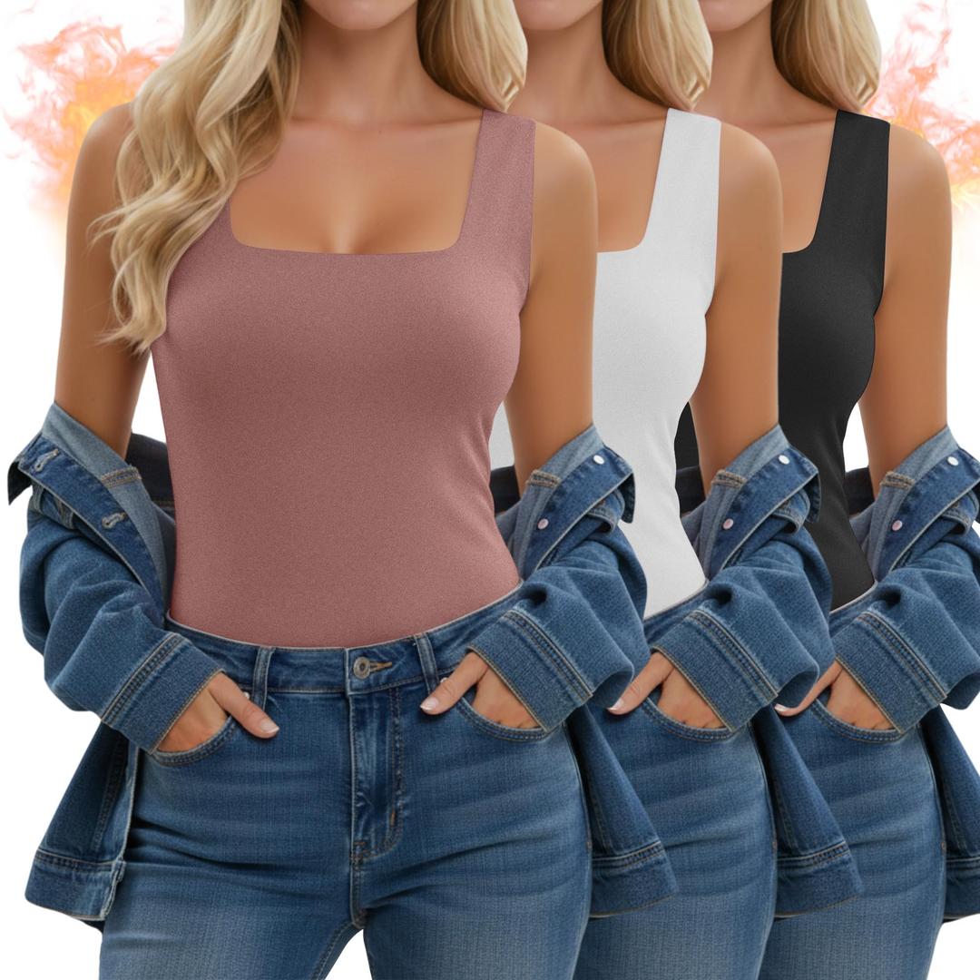 Velvelhall 3 Pack Women's Thermal Tank Tops, Fleece Lined Raw Hem Sleeveless Tops Camisole Warm Square Neck Base Layer Vest(Black, White, Smoky Pink,Large)