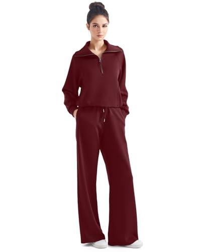 SUUKSESS Women 2 Piece Lounge Matching Sets Wide Leg Sweatpants Half Zip Oversized Sweatshirts (Burgundy, M)