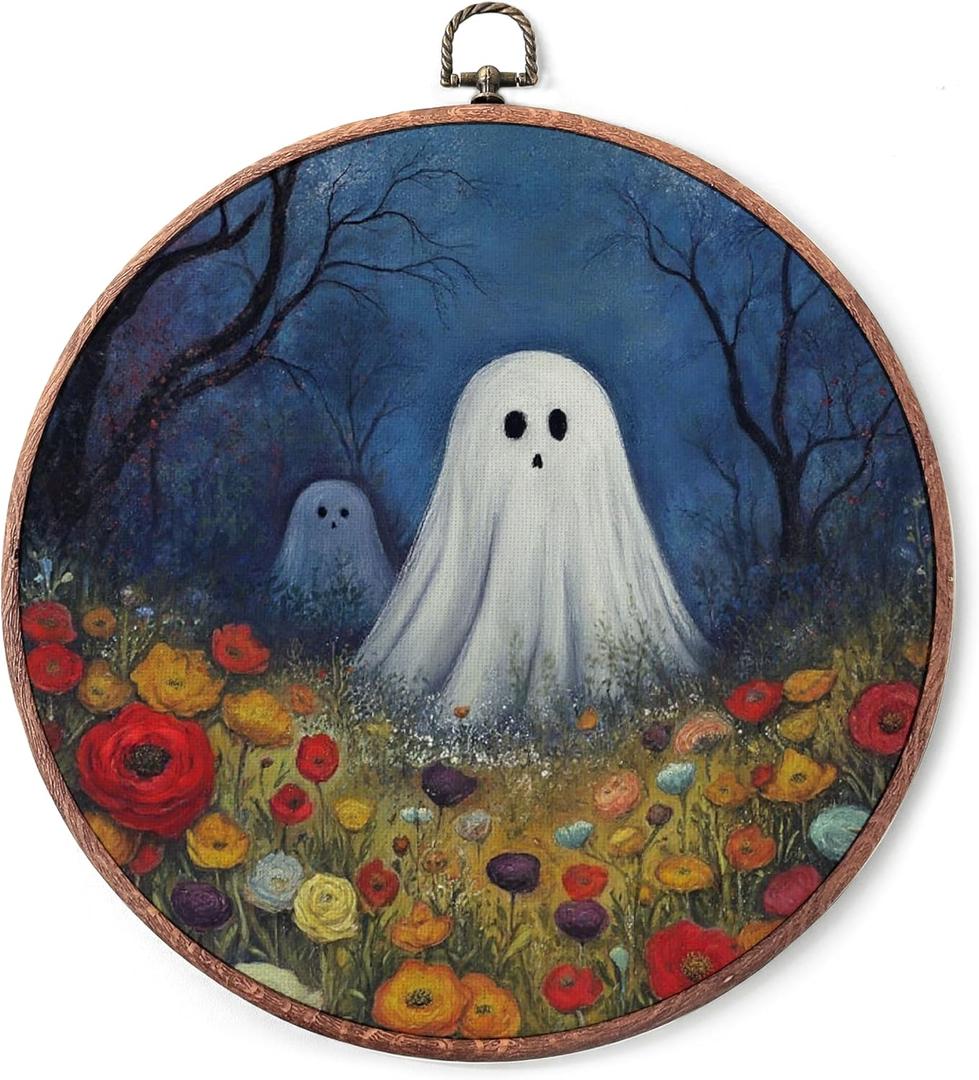 Vintage Round Wall Art Decor, Cute Ghost Retro Framed Art, Vintage Ghost Print Canvas Framed Wall Art, Round Hanging Decor for Living Room Bedroom, 10x10