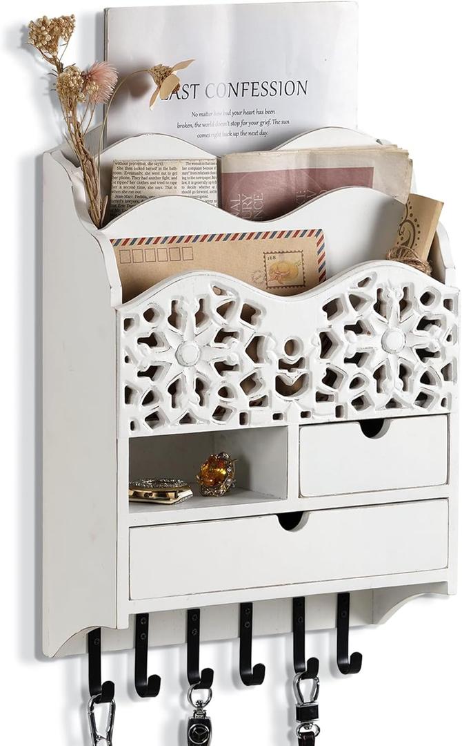 3-Slot Mail Sorter Organizer Wall Mount with 6 Hooks, Key Holder for Wall Decorative with 2 Drawer, Key Rack Hanger for Home Coat/Letter/Magazines/Dog Leash/Entryway/Room Decor
