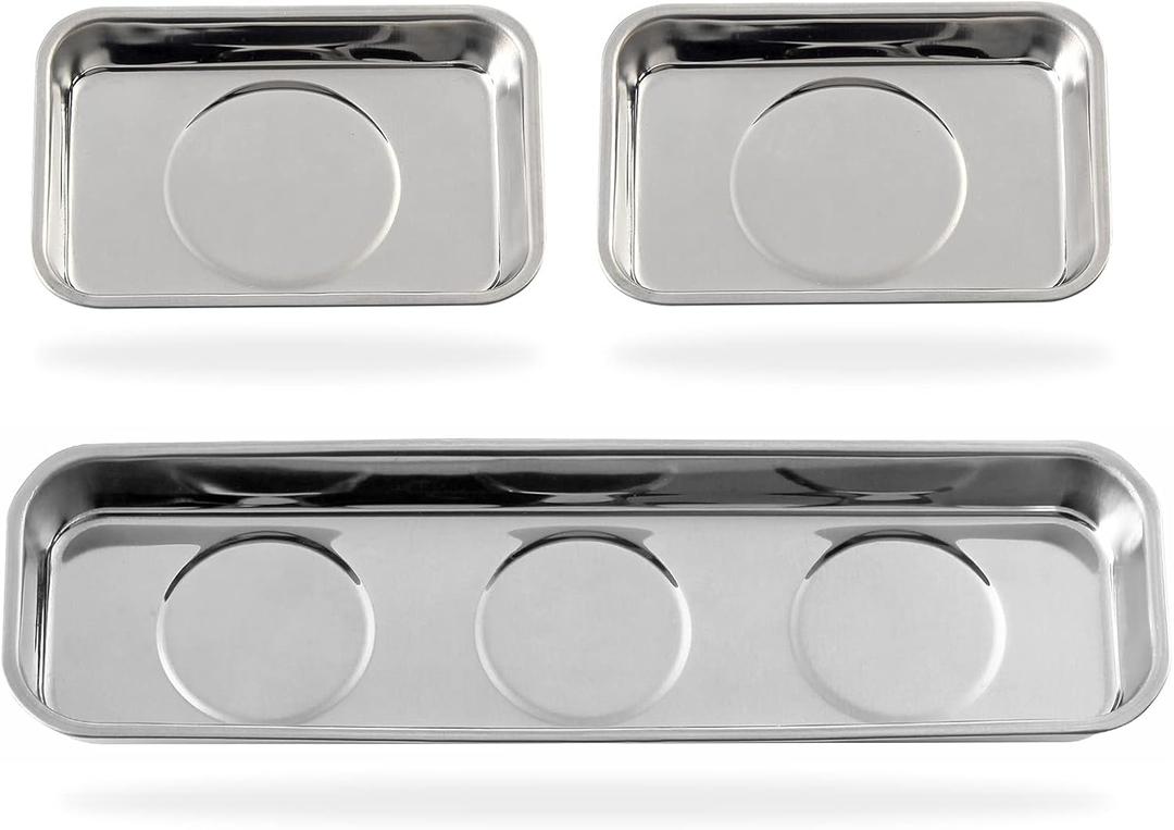 Set of 3 Magnetic Trays Set Stainless Steel Magnet Tool Tray Parts Holder for Screws, Sockets, Bolts, Pins, Mechanic's and Automotive (3.7" x 2.5" + 8.9" x 2.5"))