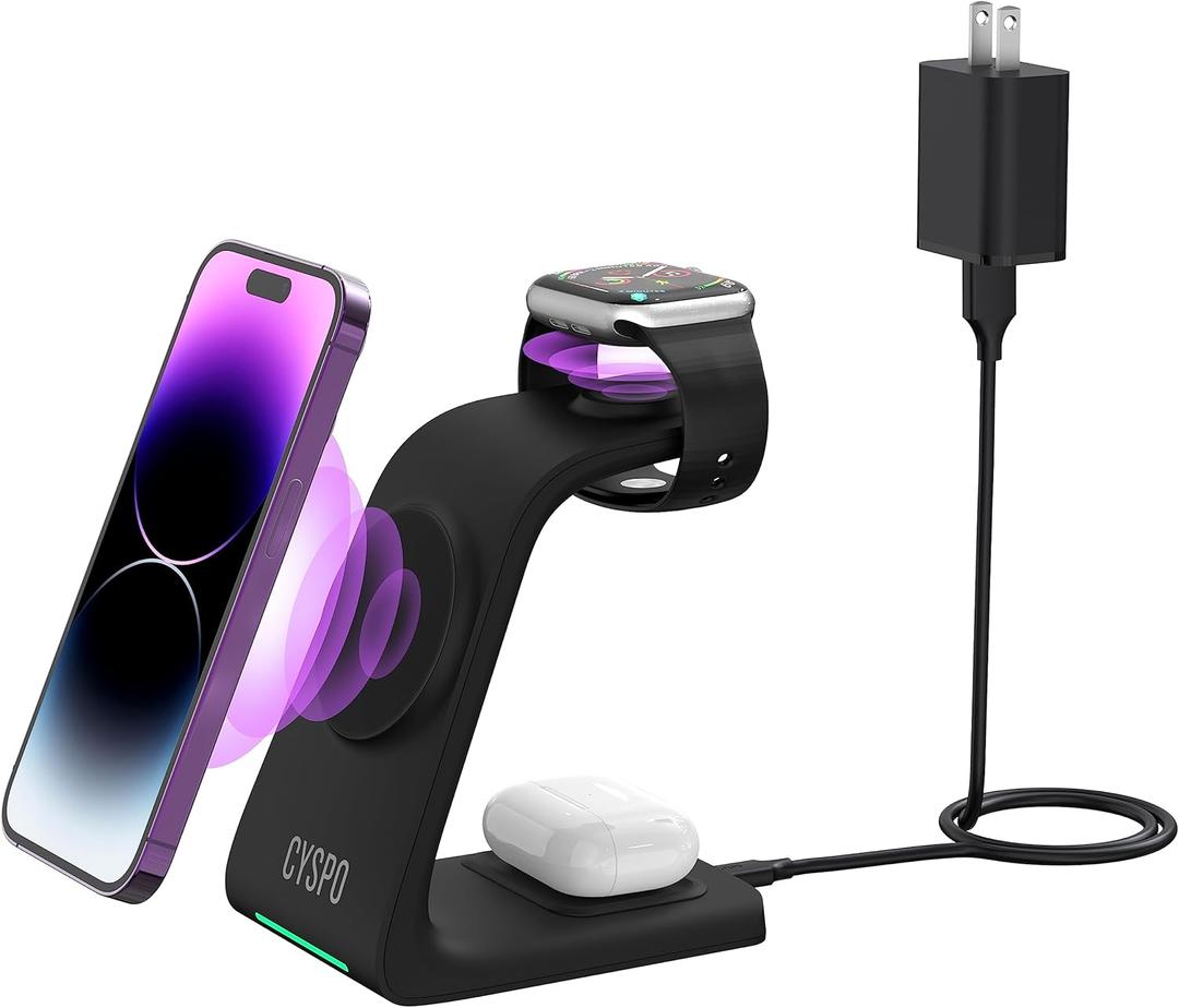 3 in 1 Magnetic Wireless Charging Stand, Fast Charging Compact Mag-Safe Wireless Charging Station Compatible with iPhone 16 15 14 13 Series, Apple Watch, AirPods Pro 4 3 2 (Wall Charger Included)