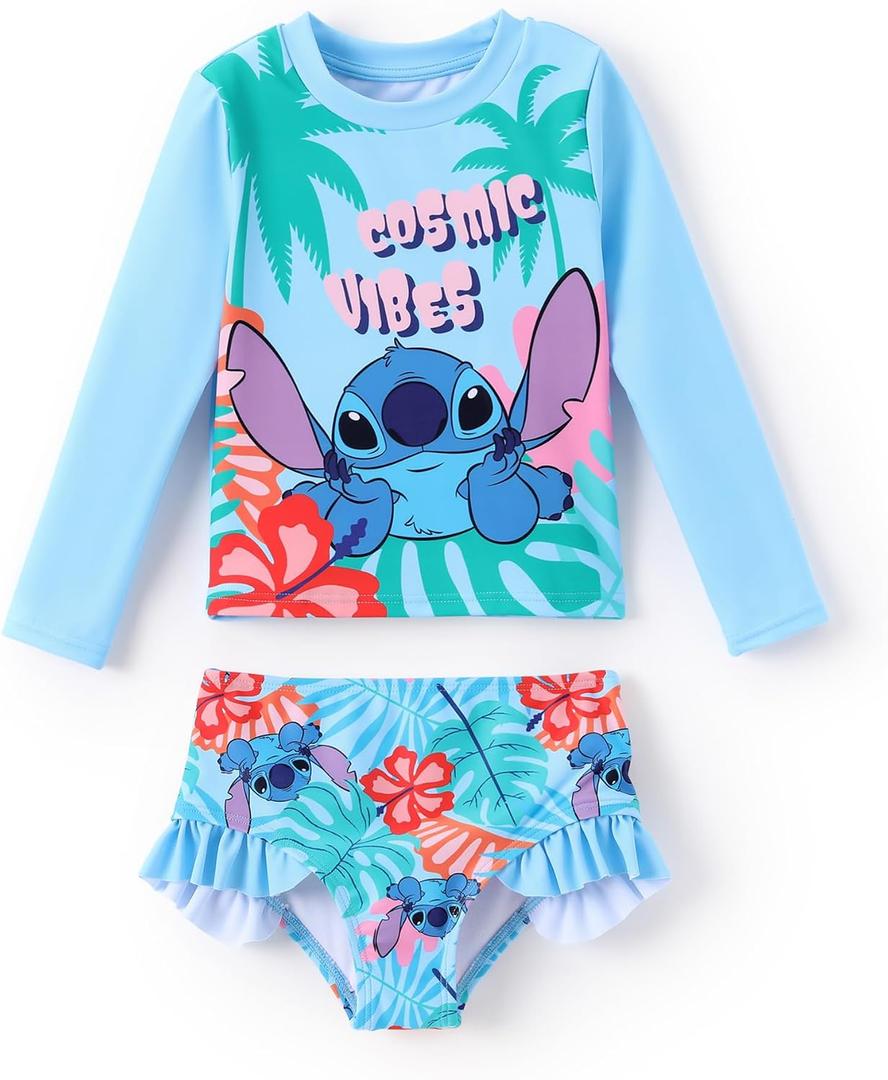 Disney Lilo & Stitch Two Piece Tankini Swimsuit Girl Long Sleeve Rashguard Bathing Suit Set UPF 50+ Beach Pool Swimwear Holiday Blue Size 8-9 Years