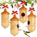 Hummingbird House, Wooden Hummingbird Houses for Outside - Handcrafted Natural Wood Birdhouse with Complete Hanging Kit (Bow & String) - Premium Gardening Gifts Decoration (Style-3, 4 Pack)