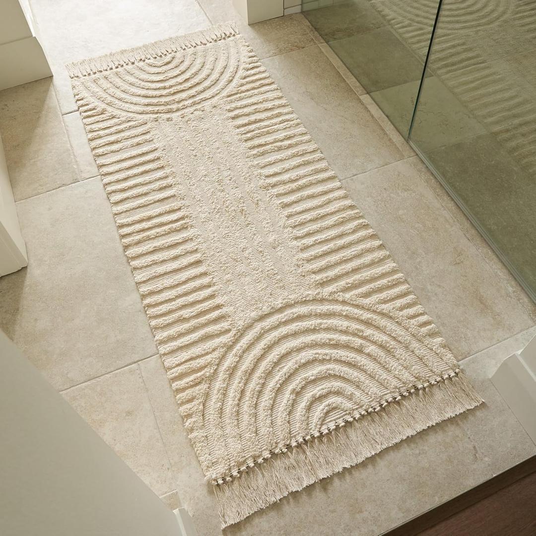KIBAGA Boho Bathroom Rug with Tassels - Soft, Washable, Non-Slip Cotton Mat - Perfect 2x4.3 ft. Size to Enhance Modern Home Decor (2' x 4'4" (Rectangular), Boho Cream)