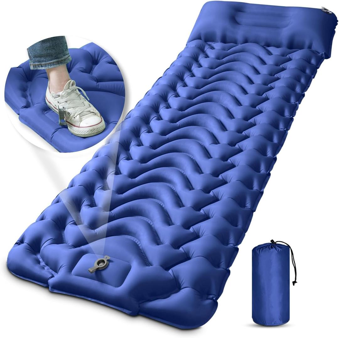 MEETPEAK Sleeping Pad, Extra Thickness Inflatable Camping Sleeping Mat with Pillow Built-in Foot Press, Compact Ultralight Camping Air Mattress for Backpacking, Hiking, Tent (Navy Blue)