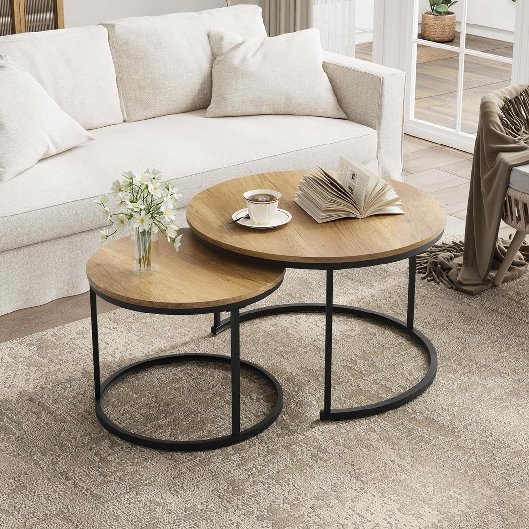 Smuxee Nesting Coffee Table Set of 2, 27.6" Round Coffee Table Wood Grain Top with Adjustable Non-Slip Feet, Industrial End Table Side Tables for Living Room Bedroom Balcony Yard (Brown)