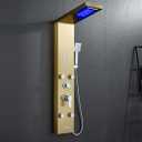 POPFLY Shower Panel Tower System, LED Rainfall & Waterfall Shower Head with Body Jets, Handheld Shower & Tub Spout, Golden Stainless Steel Wall-Mounted Bathroom Shower Column Tower