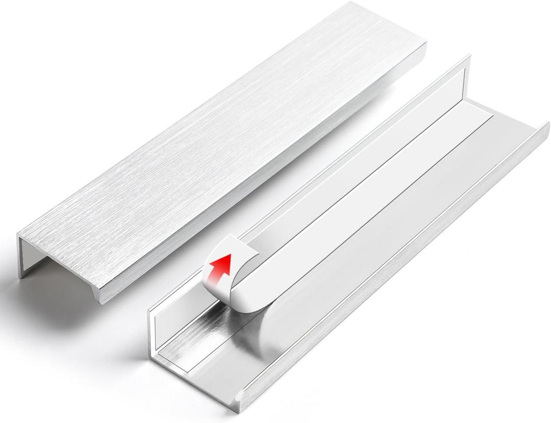 BaiNong 5 Pack 6 inch self Adhesive Cabinet pulls Silvery Cabinet Finger pulls Stick on Handles Cabinet Adhesive Drawer pulls Concealed Edge Seam Handles Flat