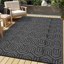 9x12 Outdoor Rug Waterproof Foldable Plastic Straw Carpet for Patio Porch Abstarct Line Reversible Mat Lightweight Floor Mat for Picnic, Backyard, Rv, Beach, Deck, Camper, Balcony，Black/Grey