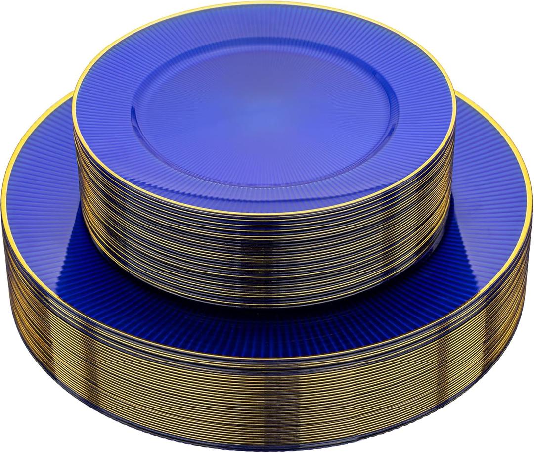 Hioasis 60pcs Blue and Gold Plastic Plates - Brown Disposable Dinnerware Set, 30pcs Dinner 10.25in & 30pcs Dessert 7.5in Plates with Striped Designs for Party & Wedding